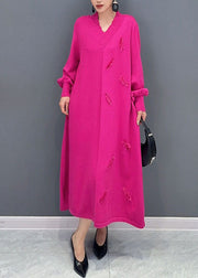 Plus Size Pink V Neck Knit Long Dress Long Sleeve