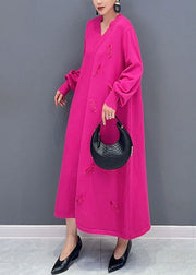 Plus Size Pink V Neck Knit Long Dress Long Sleeve