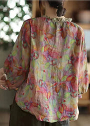 Plus Size Pink-Print6 V Neck Ruffled Print Linen Blouse Top Half Sleeve