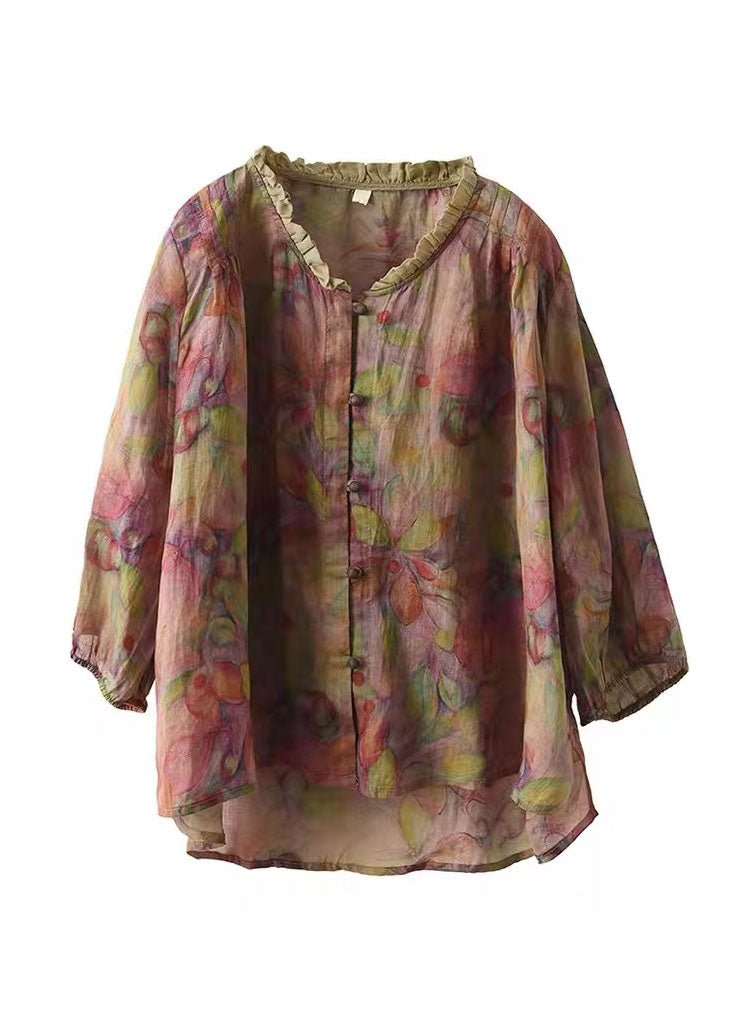 Plus Size Pink V Neck Ruffled Print Linen Blouse Top Half Sleeve