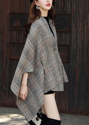 Plus Size Plaid Asymmetrical Button Patchwork Cotton Coats Fall