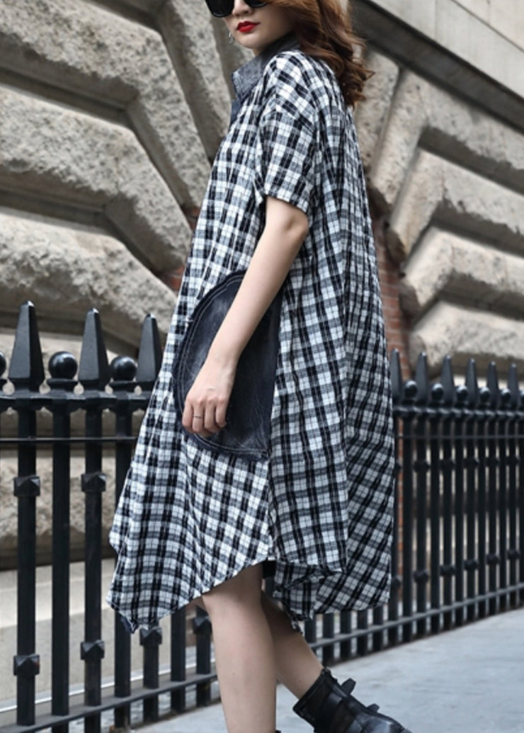 Plus Size Plaid Button Patchwork Cotton Dress Summer