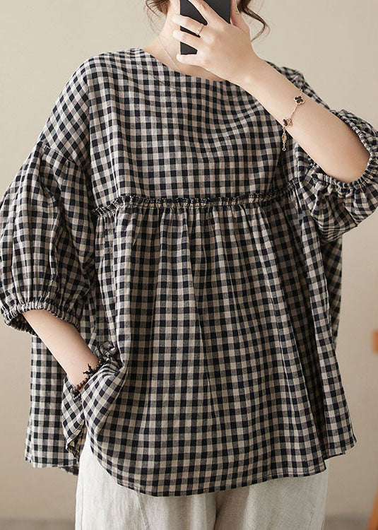 Plus Size Plaid O Neck Wrinkled Patchwork Cotton Top Lantern Sleeve