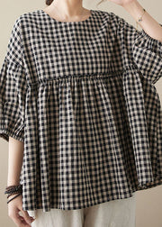 Plus Size Plaid O Neck Wrinkled Patchwork Cotton Top Lantern Sleeve