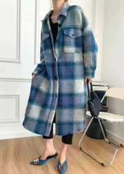 Plus Size Plaid Peter Pan Collar Button Woolen Long Shirt Coats Spring