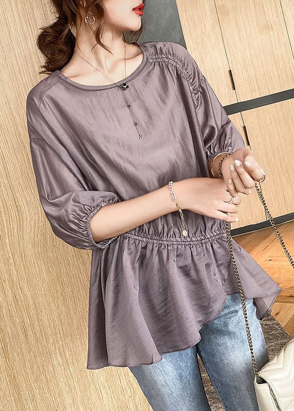 Plus Size Purple Asymmetrical Drawstring Wrinkled Silk Shirt Top Summer