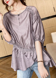 Plus Size Purple Asymmetrical Drawstring Wrinkled Silk Shirt Top Summer