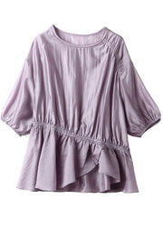 Plus Size Purple Asymmetrical Drawstring Wrinkled Silk Shirt Top Summer