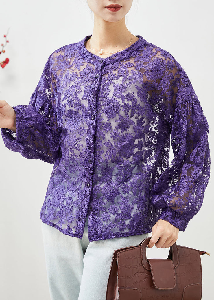 Plus Size Purple Embroideried Hollow Out Lace Shirts Fall