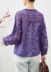 Plus Size Purple Embroideried Hollow Out Lace Shirts Fall