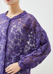 Plus Size Purple Embroideried Hollow Out Lace Shirts Fall