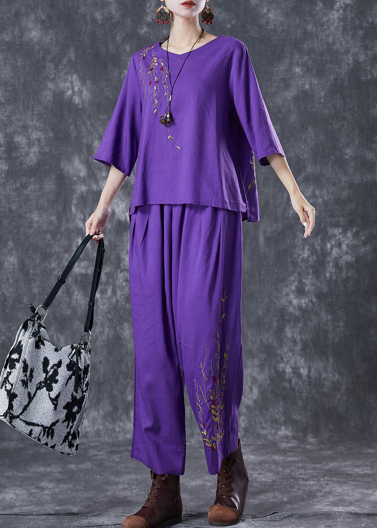 Plus Size Purple Embroideried Linen Two Pieces Set Summer