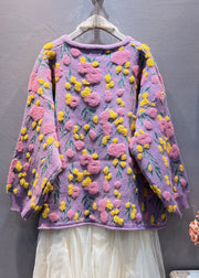 Plus Size Purple Floral Button Knit Coats Long Sleeve