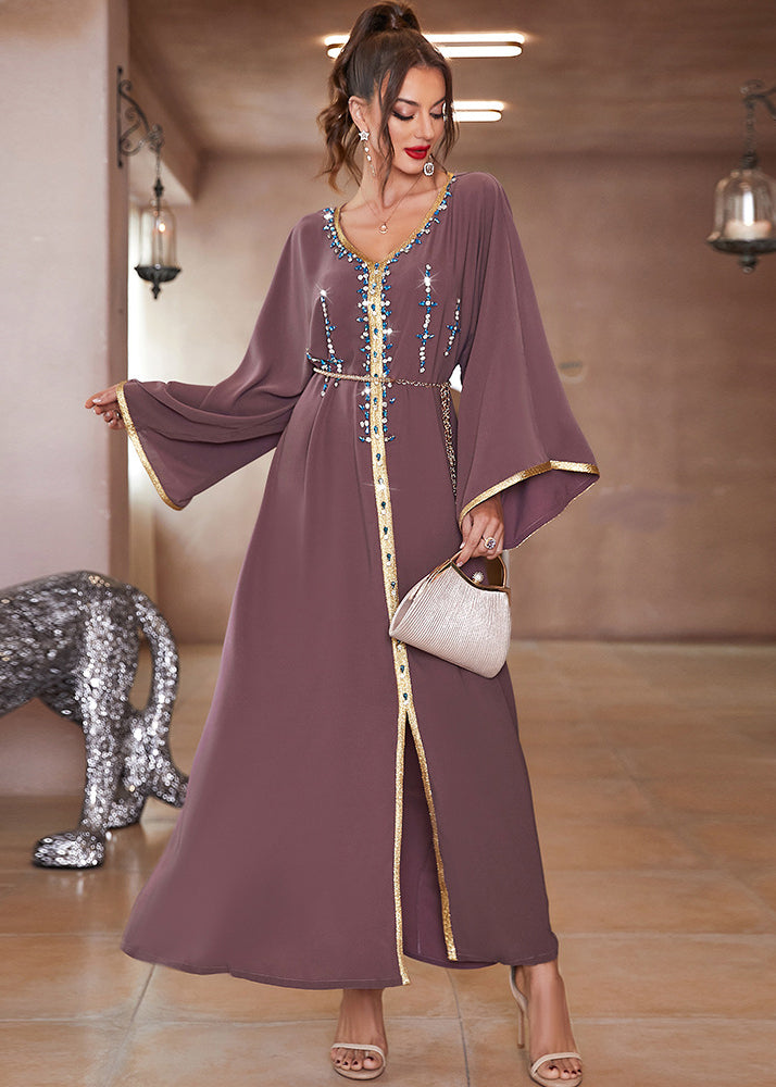 Plus Size Purple Lace Patchwork Chiffon Robe Dresses Long Sleeve