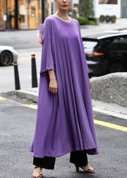 Plus Size Purple O-Neck Cotton Maxi Dress Long Sleeve