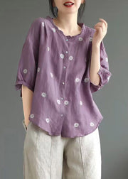 Plus Size Purple O-Neck Print Linen Top Summer