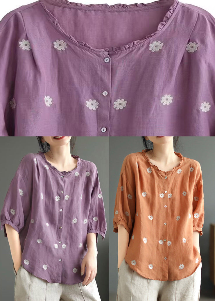 Plus Size Purple O-Neck Print Linen Top Summer