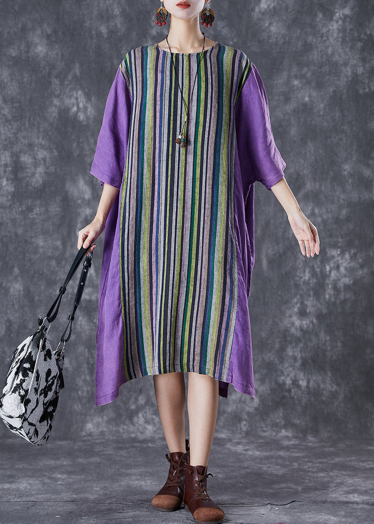 Plus Size Purple Oversized Patchwork Striped Linen Dress Summer