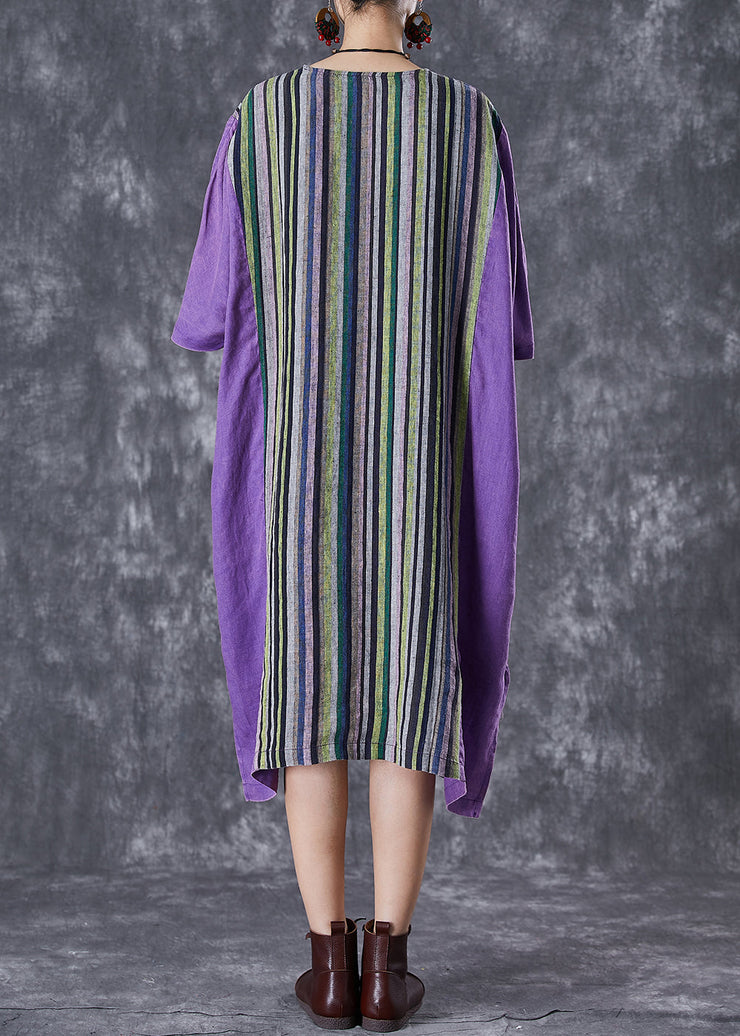 Plus Size Purple Oversized Patchwork Striped Linen Dress Summer