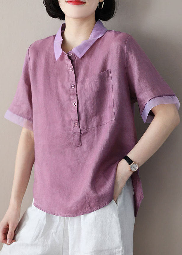 Plus Size Purple Peter Pan Collar Patchwork Linen Shirt Tops Short Sleeve