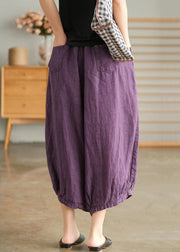 Plus Size Purple Pockets Elastic Waist Linen Crop Pants Summer