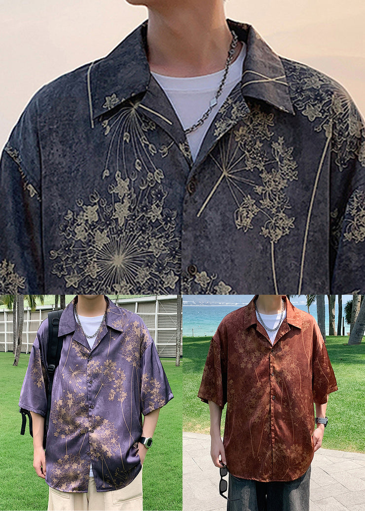 Plus Size Purple Print Button Cotton Men Shirts Half Sleeve