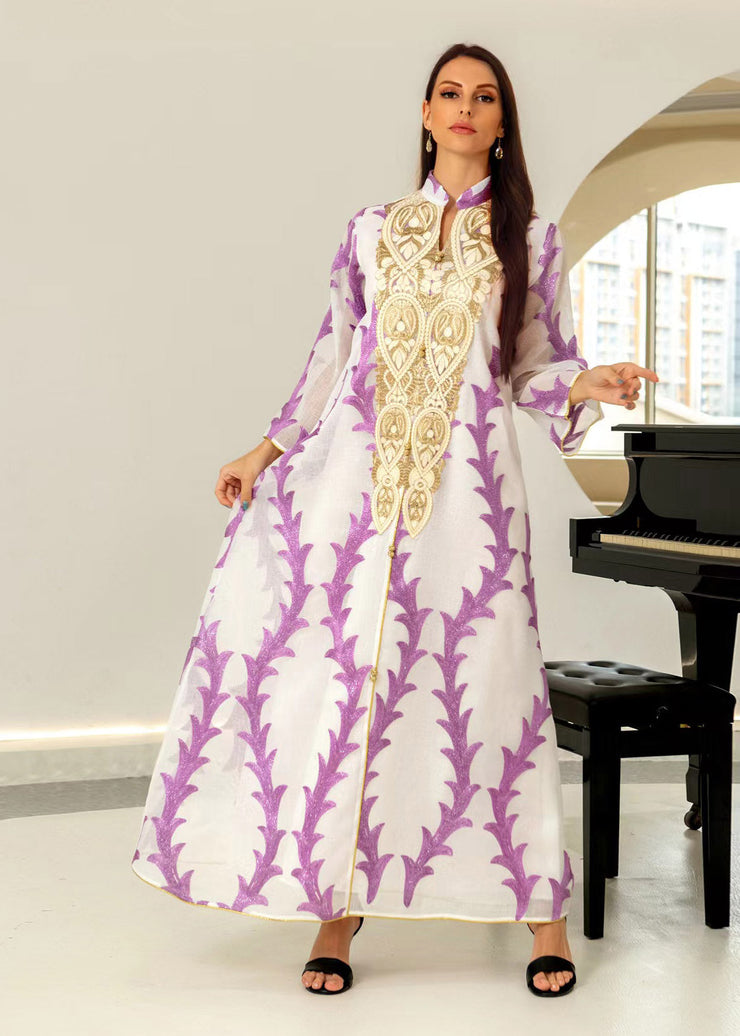 Plus Size Purple Stand Collar Striped Patchwork Tulle Maxi Dresses Long Sleeve