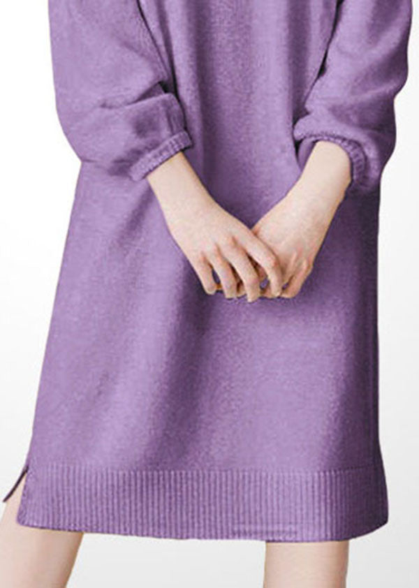 Plus Size Purple Stand Collar Thick Wool Long Knit Dress Winter