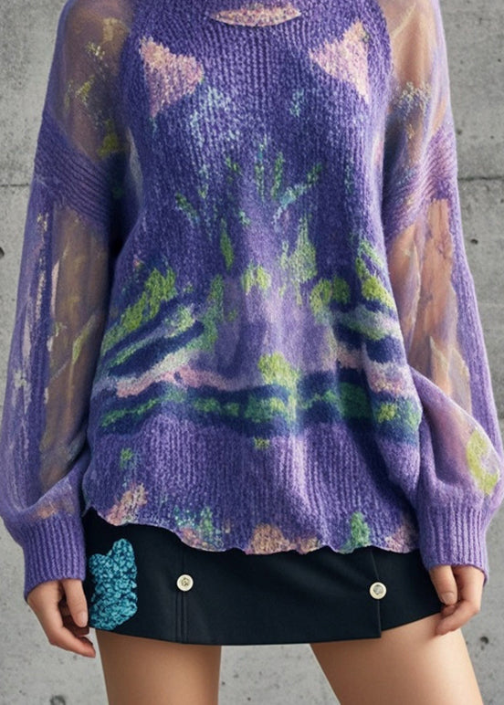 Plus Size Purple Tie Dye Hollow Out Knit Pullover Fall