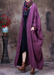 Plus Size Purple V Neck Floral Linen Coat Outwear Long Sleeve