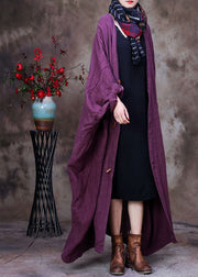 Plus Size Purple V Neck Floral Linen Coat Outwear Long Sleeve