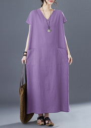 Plus Size Purple V Neck Patchwork Long Dresses Short Sleeve