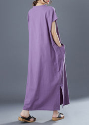 Plus Size Purple V Neck Patchwork Long Dresses Short Sleeve