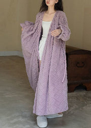 Plus Size Purple V Neck Patchwork Thick Fluffy Robe Spring