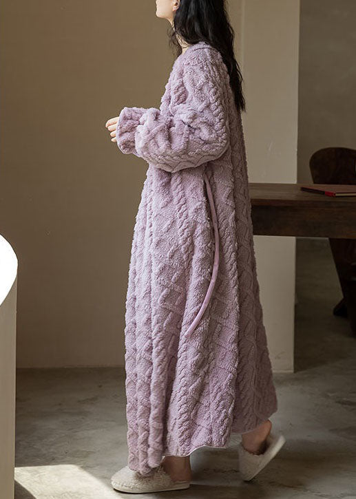 Plus Size Purple V Neck Patchwork Thick Fluffy Robe Spring