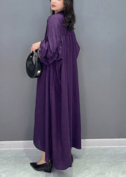 Plus Size Purple V Neck Print Button Long Dresses Long Sleeve