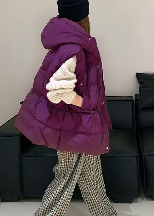 Plus Size Purple Zip Up Drawstring Duck Down Hooded Vest Sleeveless