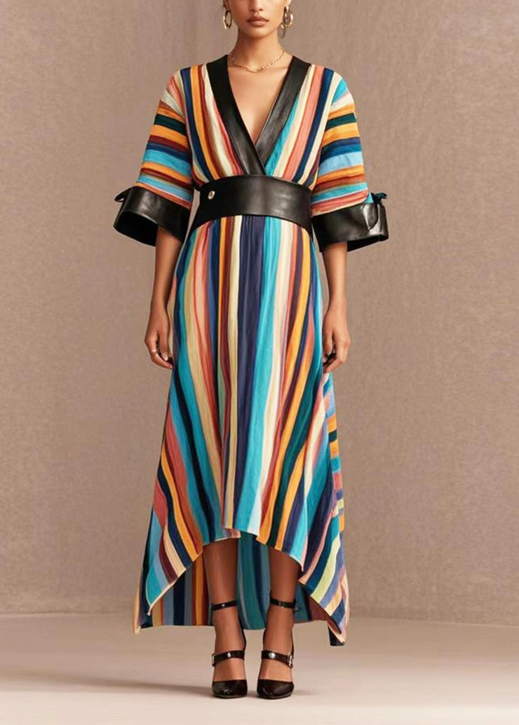 Plus Size Rainbow Cinched Patchwork PU Cotton Long Dress Summer