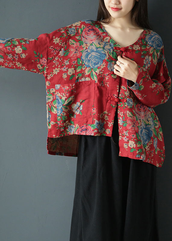 Plus Size Red Asymmetrical Print Cotton Coats Spring