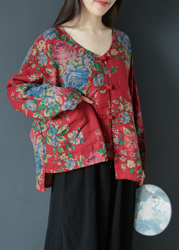 Plus Size Red Asymmetrical Print Cotton Coats Spring