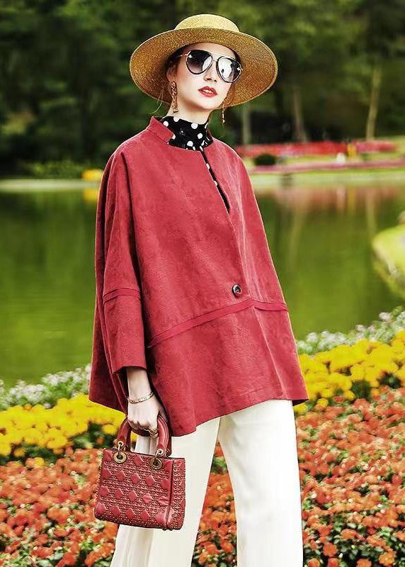 Plus Size Red Batwing Sleeve Patchwork Cotton Cardigan Coat Fall