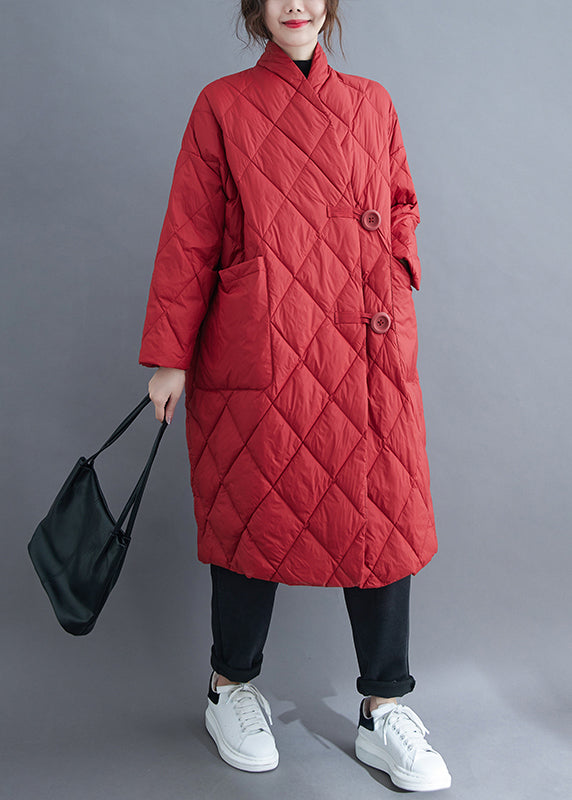 Plus Size Red Button Pockets Cotton Filled Long Parka Winter