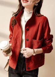 Plus Size Red Button Pockets Patchwork Cotton Coats Long Sleeve