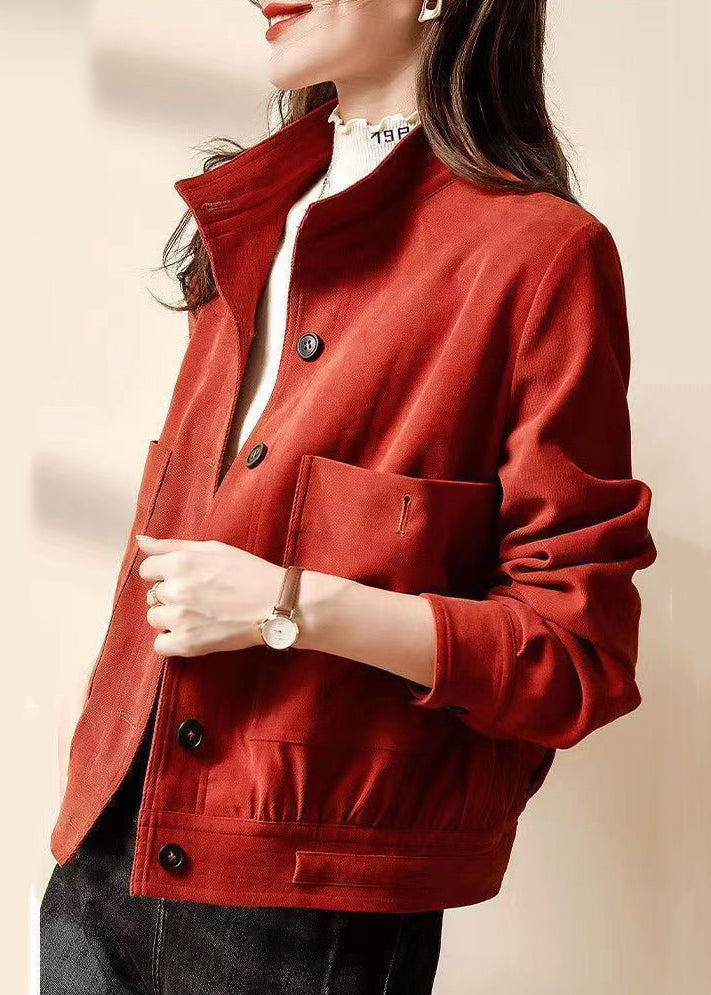 Plus Size Red Button Pockets Patchwork Cotton Coats Long Sleeve