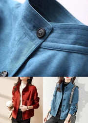 Plus Size Red Button Pockets Patchwork Cotton Coats Long Sleeve