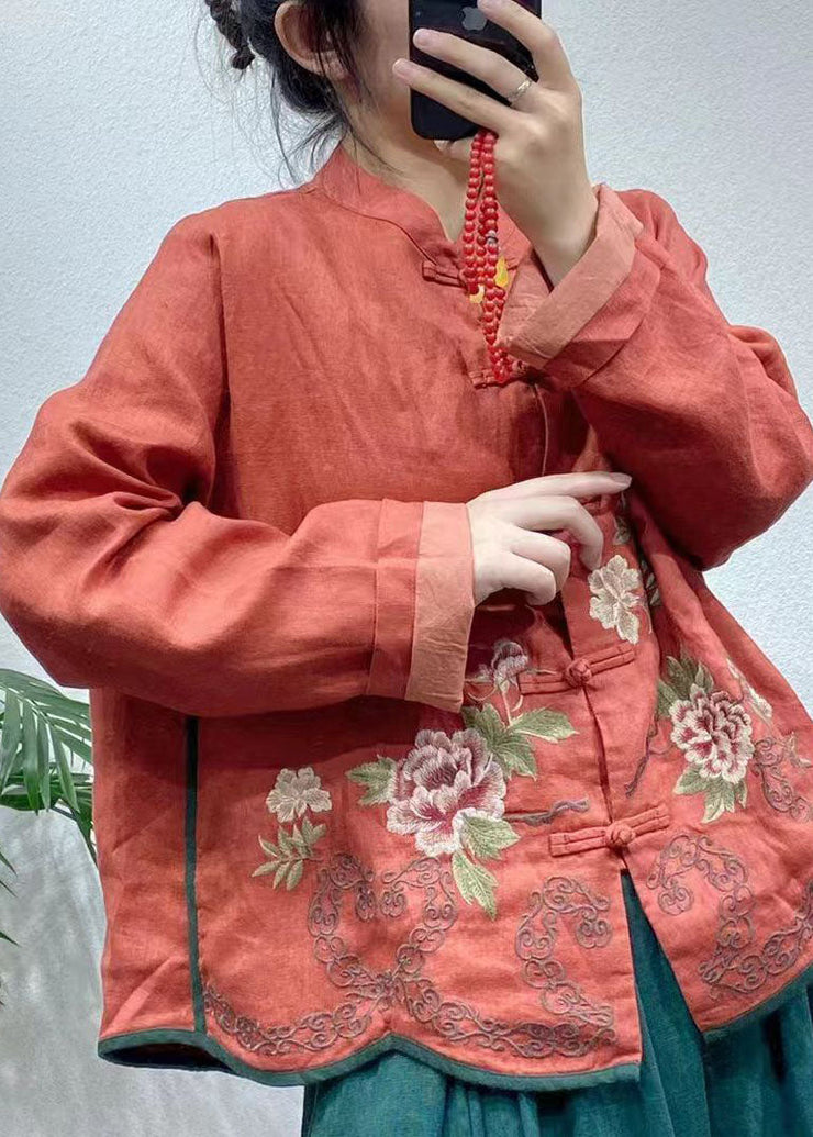 Plus Size Red Embroideried Oriental Button Linen Coats Spring