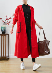 Plus Size Red Hooded Big Pockets Corduroy Trench Coat Fall