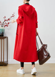 Plus Size Red Hooded Big Pockets Corduroy Trench Coat Fall