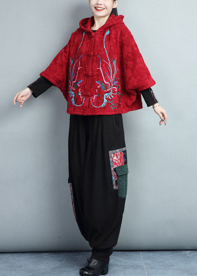 Plus Size Red Hooded Embroideried Warm Fleece Coat Batwing Sleeve