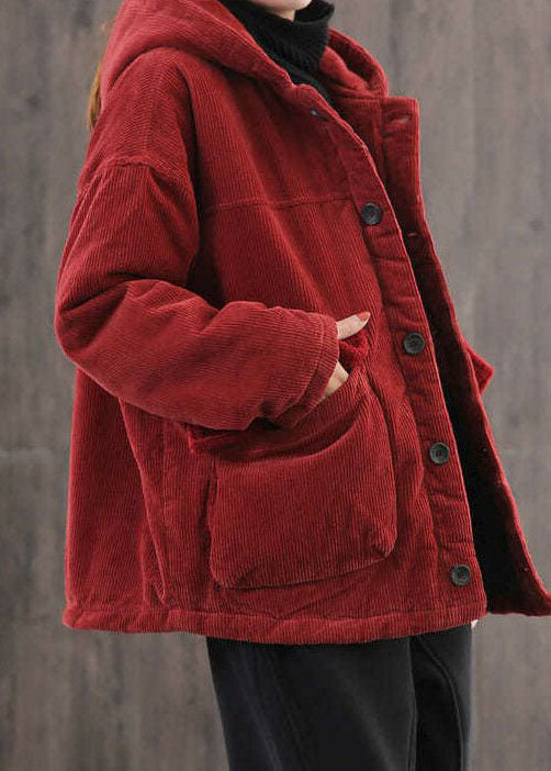 Plus Size Red Hooded Pockets Fine Cotton Filled Corduroy Parka Jacket Winter